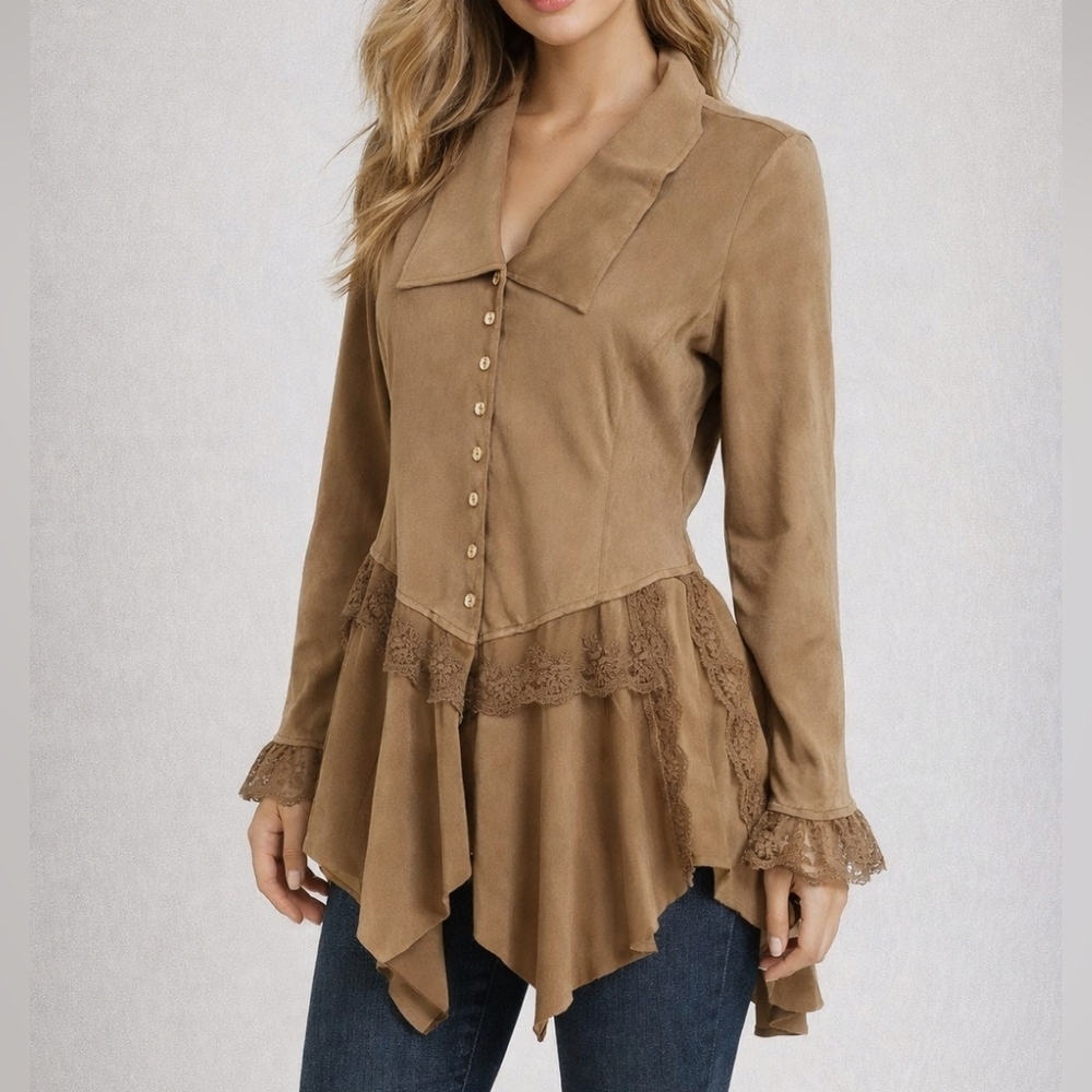 VTG CINDY OH Tan Faux Suede Lace Peplum Button Down Long Sleeve Castlecore Top